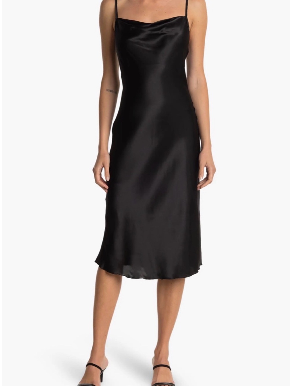 bebe Black Satin Slip Midi Dress with Spaghetti Straps Cowl neck Perfect LBD
